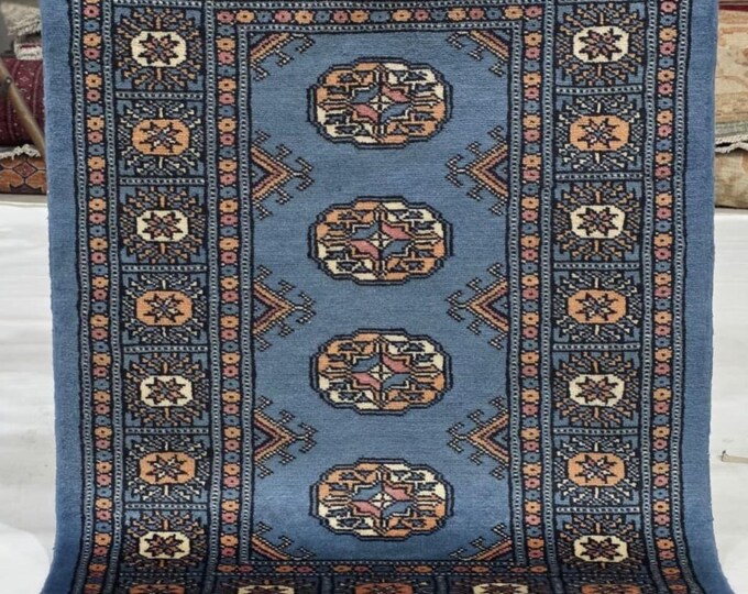 2 X 3 ft Blue Geometrical Handmade, Mori Bokhara Cotton and Wool