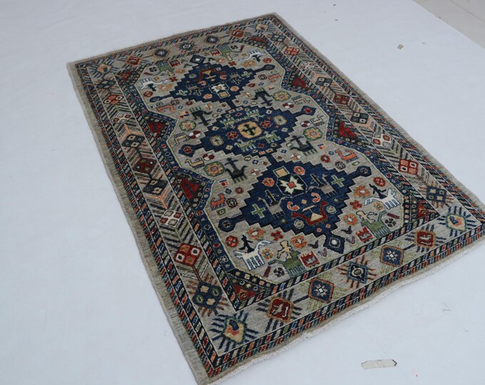 4 X 6 ft Gray Floral Handmade Runner, Chobi Cotton and Wool