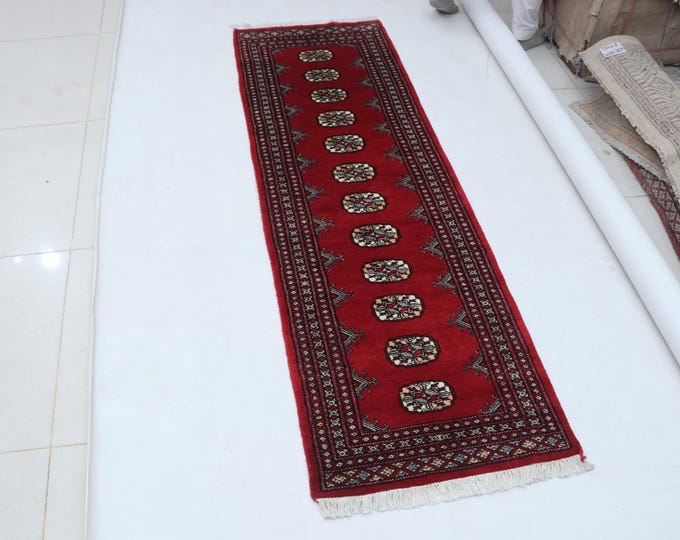 2.0 X 6.4 ft Red Geomatrical Runner Handmade, Mori Bokhara Cotton and Wool