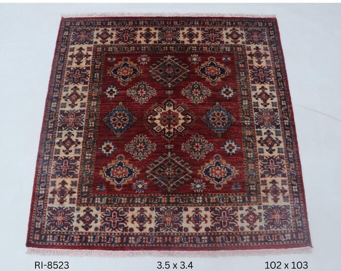 Hand-knotted Super Kazak Cotton and Wool Rug, Geomatrical in Red base and Beige border, 3.5 X 3.4 ft
