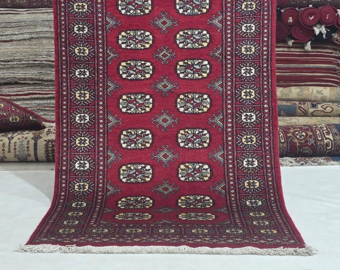 3 X 5 ft Red Geometrical Handmade, Mori Bokhara Cotton and Wool