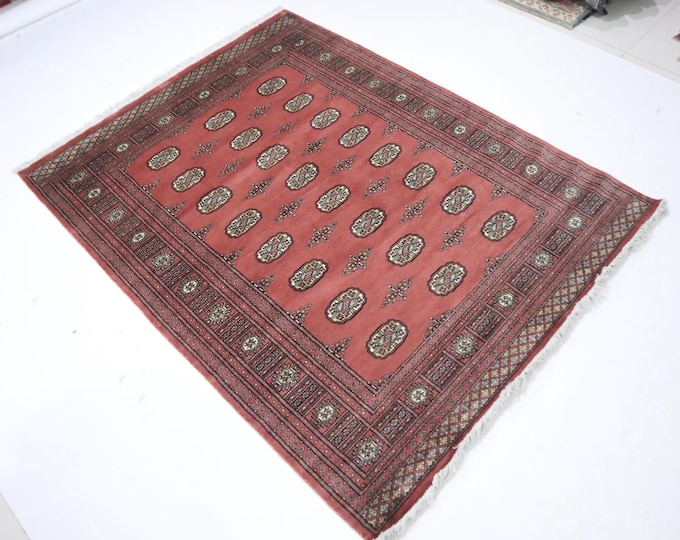 5.5 X 8 ft Handmade Geometrical Mori Bokhara Rug, Copper, Cotton and Wool