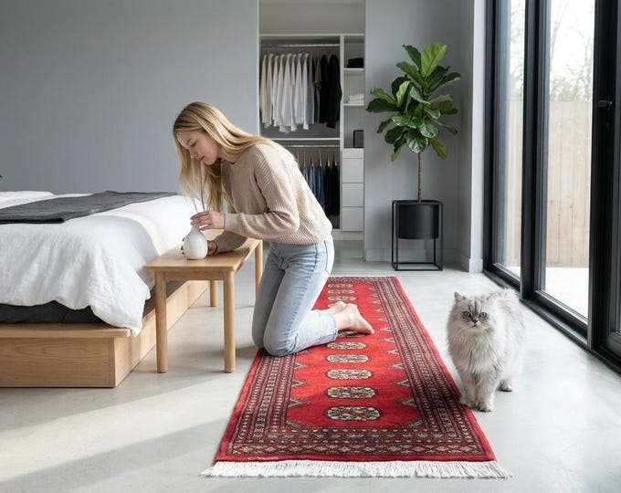 2.1 X 6.0 ft Red Geomatrical Runner Handmade, Mori Bokhara Cotton and Wool