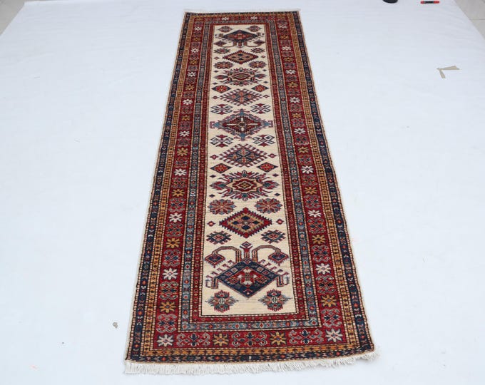 3 X 8 ft Beige and Red Geomatrical Handmade Runner, Super Kazak Cotton and Wool