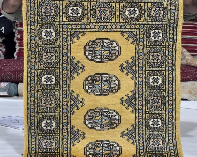 2 X 3 ft Yellow Geometrical Handmade, Mori Bokhara Rug Cotton and Wool