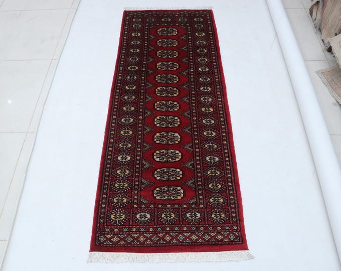 2.2 X 5.10 ft Red Geomatrical Runner Handmade, Mori Bokhara Cotton and Wool