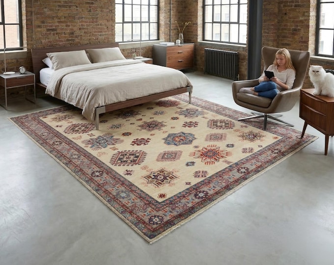 6.4 X 9.11 ft Beige and Gray Geomatrical Handmade , Super Kazak Cotton and Wool