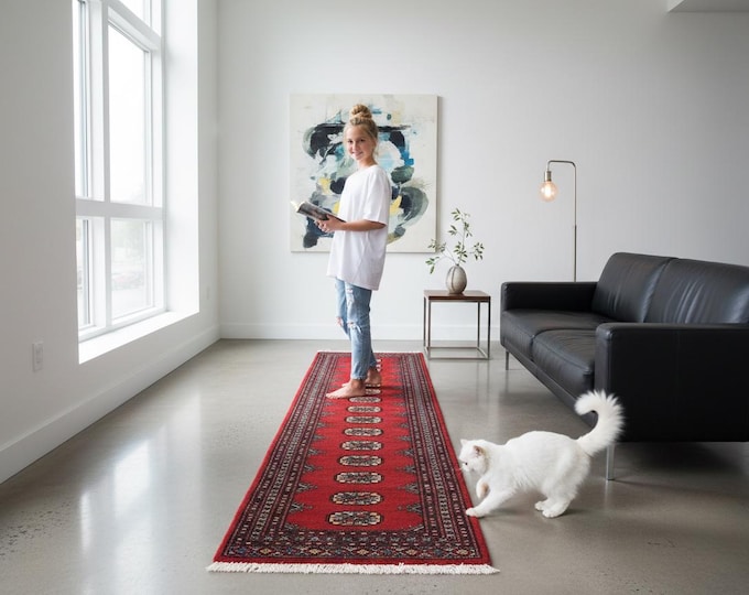 2.0 X 5.9 ft Red Geomatrical Runner Handmade, Mori Bokhara Cotton and Wool