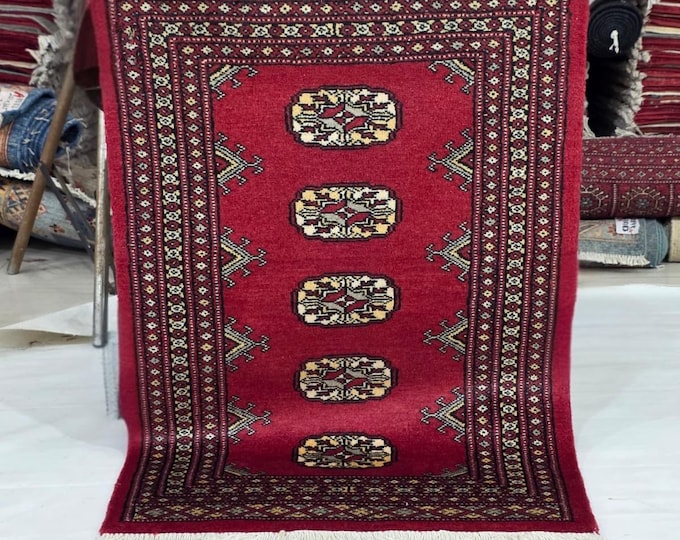 2 X 3 ft Red Geometrical Handmade, Mori Bokhara Cotton and Wool