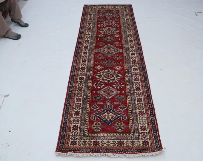 2.7 X 8.2 ft Red and Beige Geomatrical Handmade Runner , Super Kazak Cotton and Wool