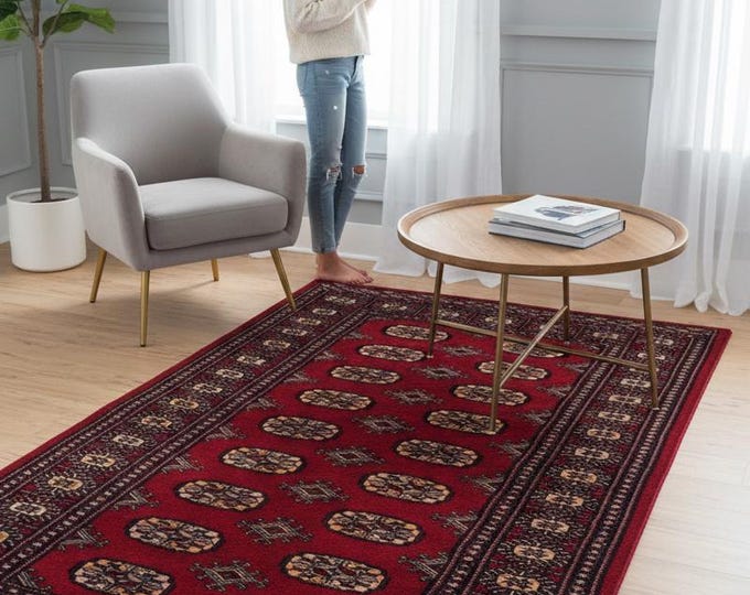 2.11 X 4.9 ft Red Geomatrical Handmade Runner, Mori Bokhara Cotton and Wool