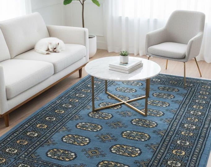 3.2 X 4.10 ft Blue Geomatrical Handmade, Mori Bokhara Cotton and Wool