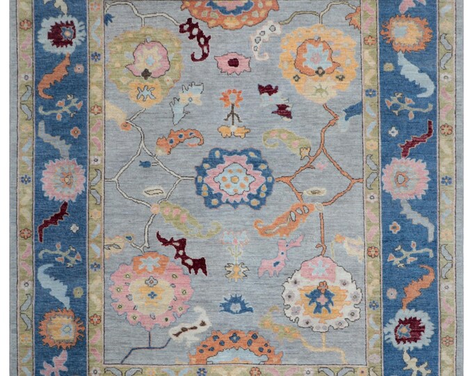 8.4 X 9.9 ft Blue Floral Handmade ,Oshak Wool