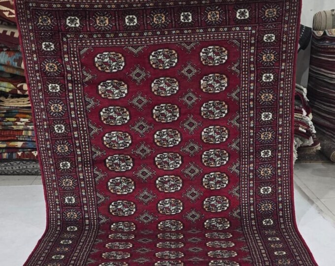 4 X 6 ft Red Geometrical Handmade , Mori Bokhara Cotton and Wool