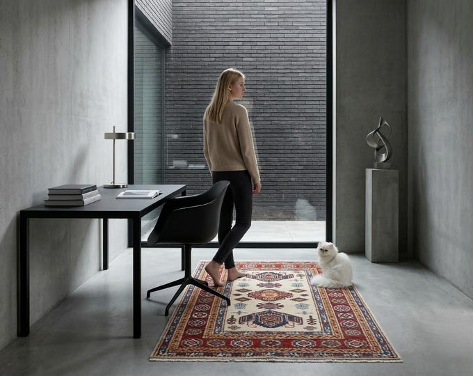 2.8 X 4.0 ft Red and Beige Geomatrical Handmade Runner, Super Kazak Cotton and Wool