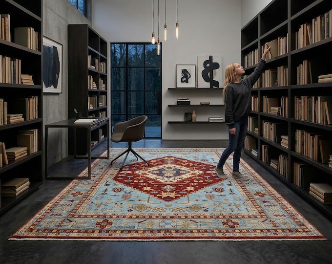 8.0 X 9.10 ft Red and Blue Floral Handmade ,Heriz Cotton and Wool