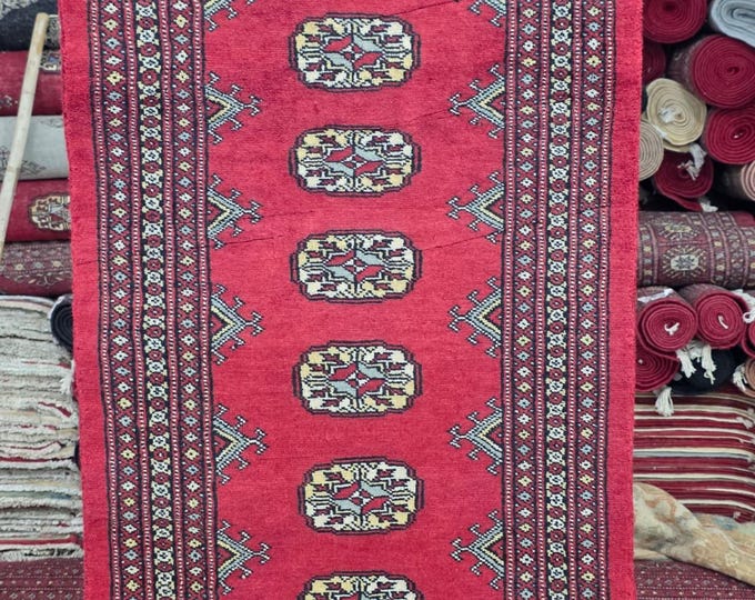 2 X 3 ft Red Geometrical Handmade, Mori Bokhara Cotton and Wool