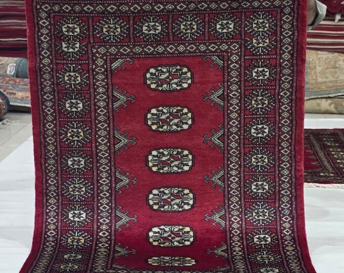 2.5 X 4 ft Red Geometrical Handmade, Mori Bokhara Rug Cotton and Wool