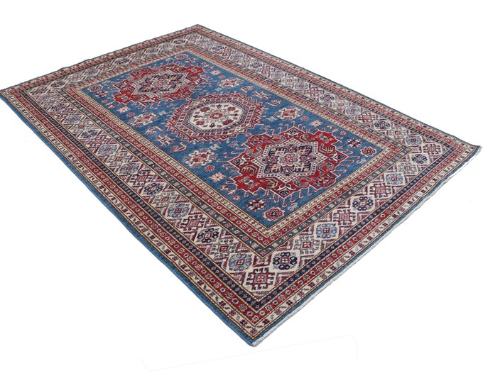 6 X 8 ft Blue and Beige and Red Geomatrical Handmade , Super Kazak Cotton and Wool