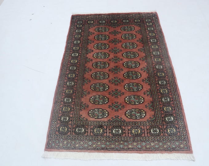 3.2 X 5.0 ft Copper Geomatrical Handmade ,Mori Bokhara Cotton and Wool