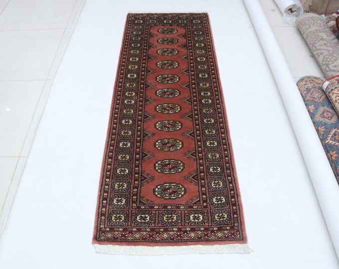2.1 X 6.0 ft Copper Geomatrical Runner Handmade, Mori Bokhara Cotton and Wool