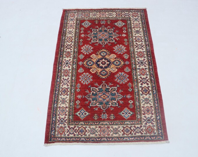 3 X 4 ft Red and Beige Geomatrical Handmade, Super Kazak Cotton and Wool