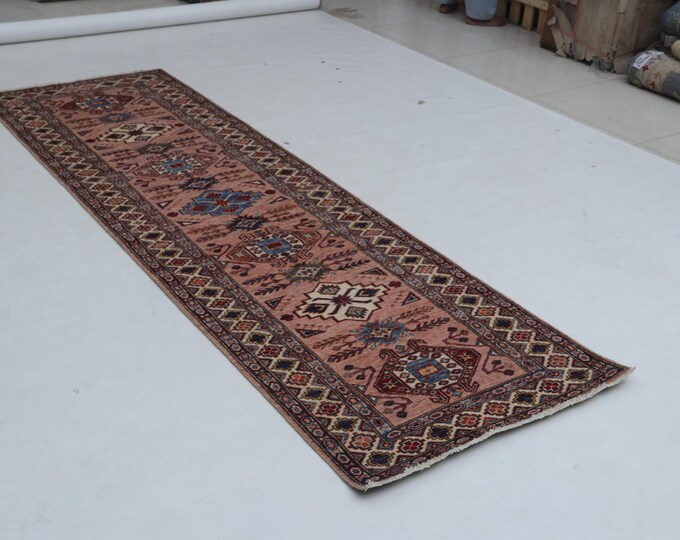 2.8 X 8.10 ft Copper and Beige Geomatrical Handmade Runner, Super Kazak Cotton and Wool