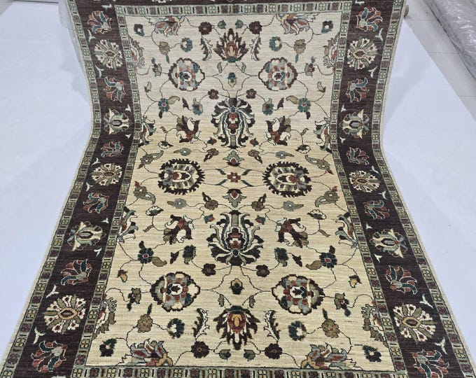 5 X 8 ft Handmade Floral Chobi Rug, Beige and Brown, Cotton and Wool