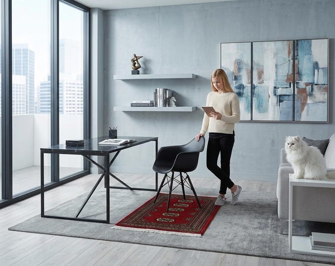 2.1 X 3.1 ft Red Geomatrical Handmade ,Mori Bokhara Cotton and Wool