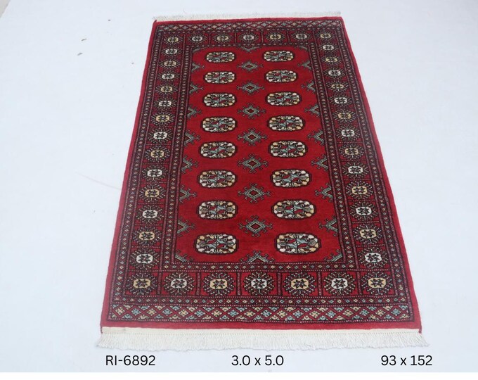 Hand-knotted Mohri Bokhara Cotton and Wool Rug, Geomatrical in Red base and Red border, 3.0 x 5.0 ft