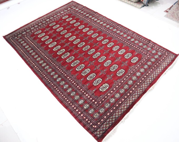 6 X 9 ft Handmade Geometrical Mori Bokhara Rug, Red, Cotton and Wool