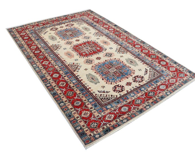 5.6 X 7.11 ft Red and Beige Geomatrical Handmade , Super Kazak Cotton and Wool