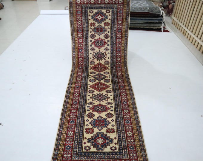 Hand Knotted Kazak Wool Runner Rug, Geometric Veg Dye, 2.6 x 8 Ft