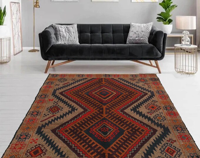 Hand-knotted Baluchi Beige and Orange, 3.93 x 6.56 ft