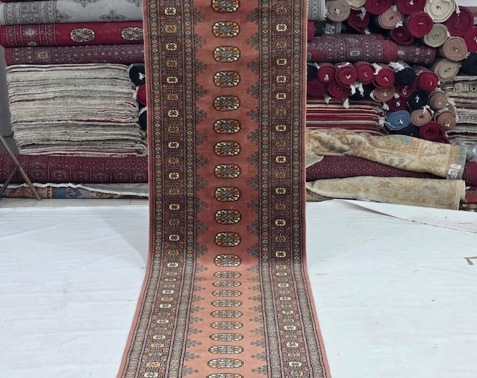 2.5 X 11 ft Copper Geomatrical Handmade Runner, Mori Bokhara Cotton and Wool