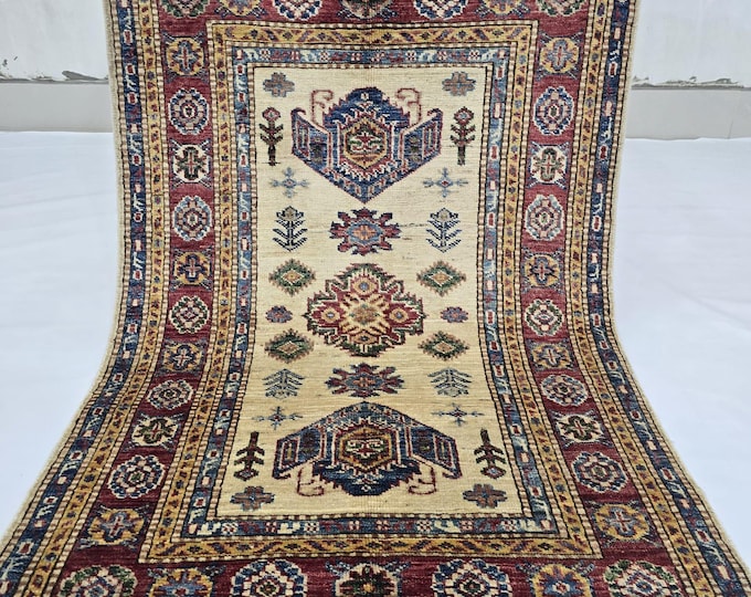 2.5 X 4 ft Handmade Floral Super Kazak Rug, Beige and Red, Cotton and Wool