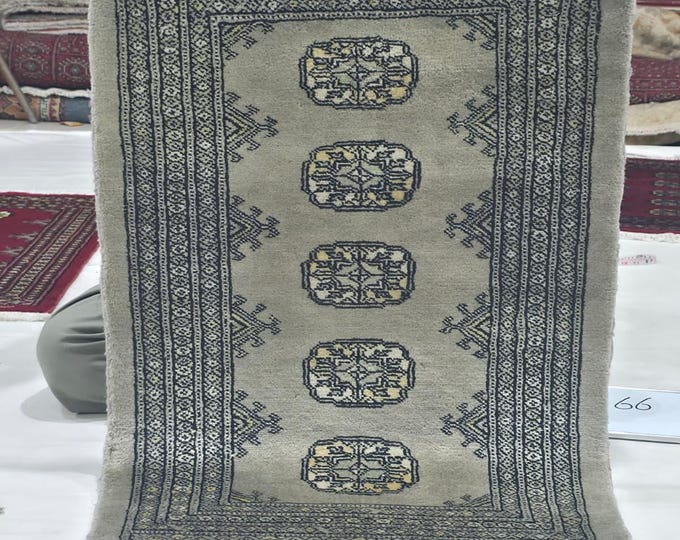 2 X 3 ft Gray Geometrical Handmade, Mori Bokhara Cotton and Wool