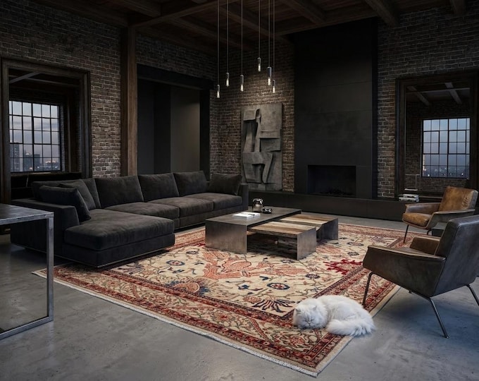 9.11 X 11.9 ft Beige Floral Handmade ,Heriz Cotton and Wool