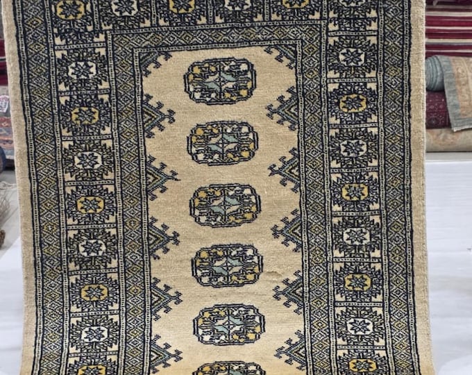 2.5 X 4 ft Beige Geometrical Handmade, Mori Bokhara Rug Cotton and Wool