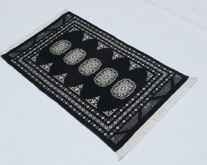 2.0 X 3.3 ft Black Geomatrical Handmade ,Mori Bokhara Cotton and Wool