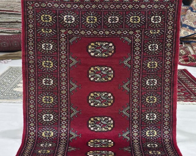 2.5 X 4 ft Red Geometrical Handmade, Mori Bokhara Rug Cotton and Wool