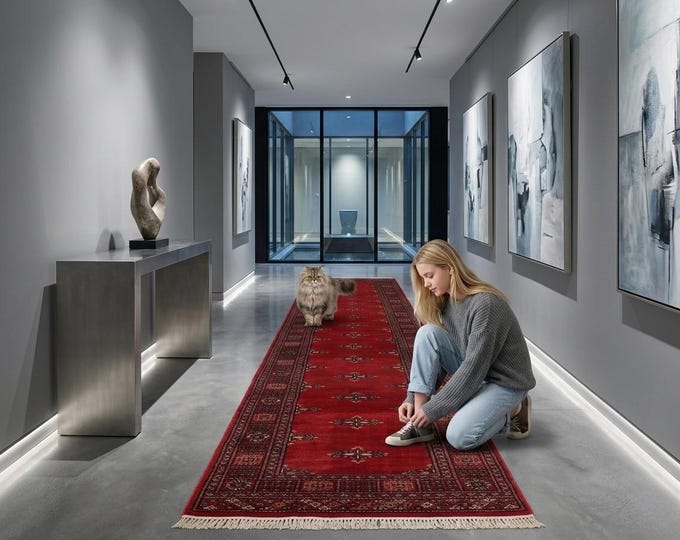 2.6 X 15.5 ft Red Geomatrical Handmade Runner, Mori Bokhara Cotton and Wool