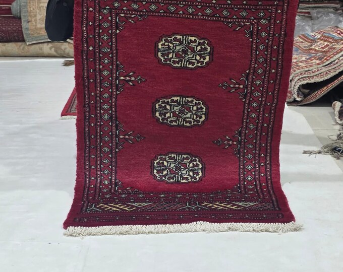 2 X 3 ft Red Geometrical Handmade, Mori Bokhara Cotton and Wool