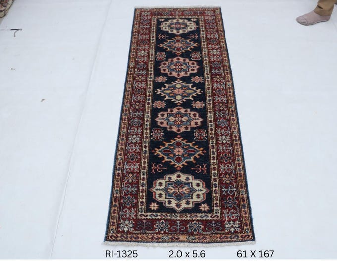 Hand-knotted Super Kazak Cotton and Wool Rug, Geomatrical in Blue base and Red border, 2.0 X 5.6 ft