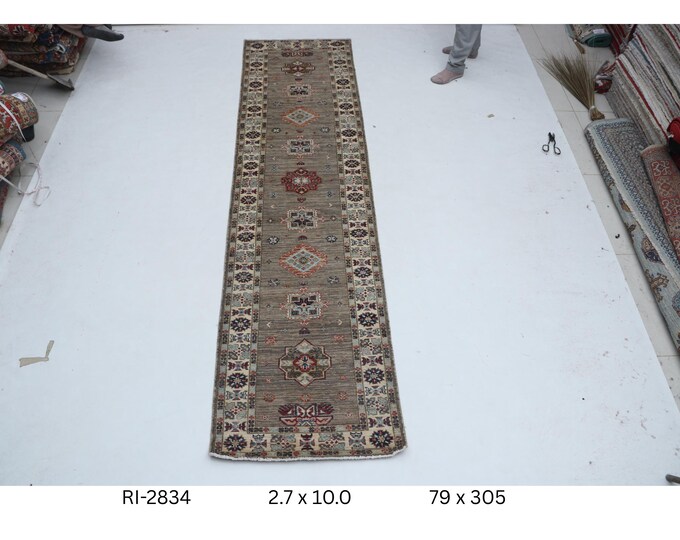 Hand-knotted Kazak Wool Rug, Brown & Beige Geometric Rug (2.7 x 10.0 ft)