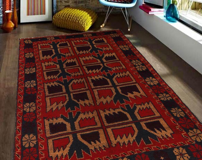 Hand-knotted Baluchi Blue and Orange, 3.93 x 6.56 ft