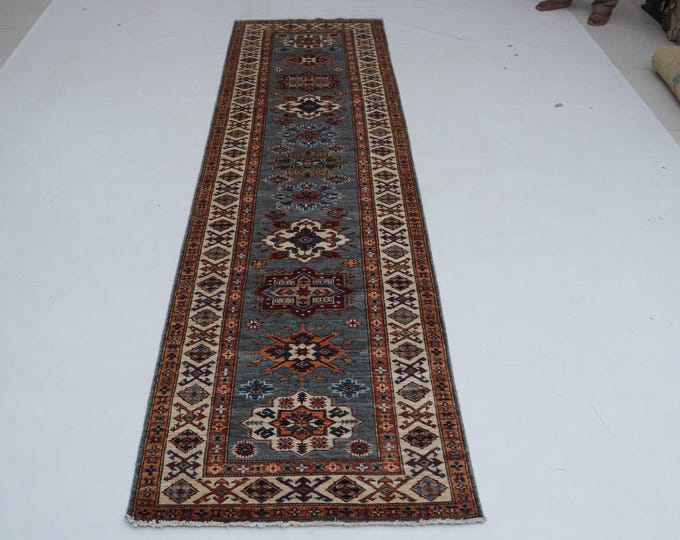2.9 X 9.9 ft Blue and Beige Geomatrical Handmade Runner, Super Kazak Cotton and Wool