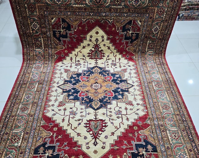 6.5 X 9.5 ft Handmade Geometrical Super Kazak Rug, Beige and Green, Cotton and Wool