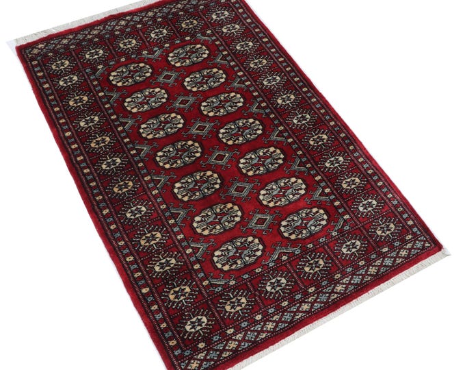 2.7 X 3.11 ft Red Geomatrical Handmade , Mori Bokhara Cotton and Wool