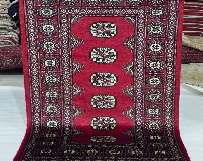 2.5 X 4 ft Red Geometrical Handmade, Mori Bokhara Cotton and Wool